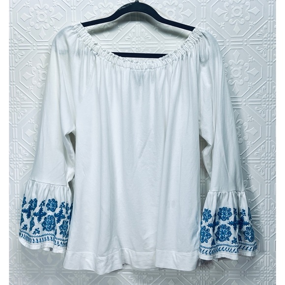 Chaps Off Shoulder White Blouse with Blue Embroidery - Picture 1 of 5